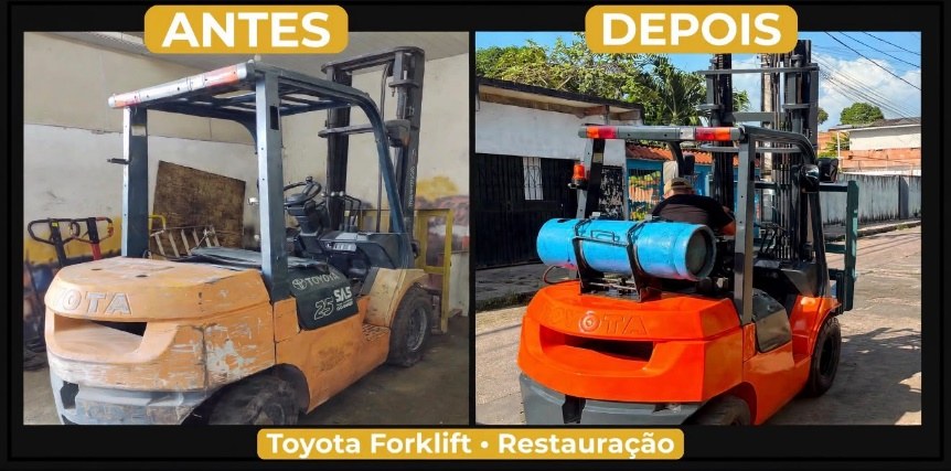 Antes e depois de reforma de empilhadeira realizada pela IBN